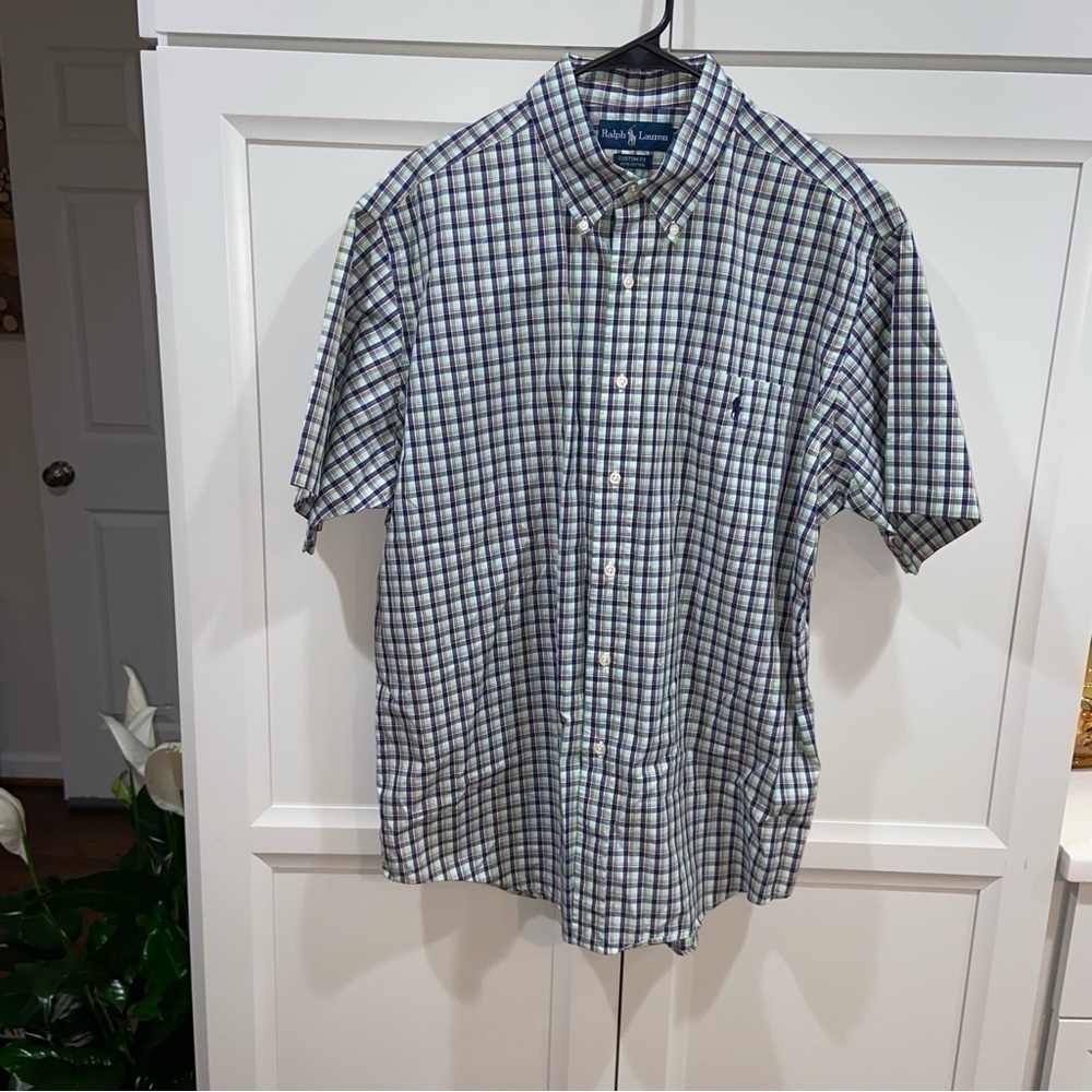 Ralph Lauren Mens 100% Cotton Custom Fit Button Down Shirt Blue Green Plaid XL
